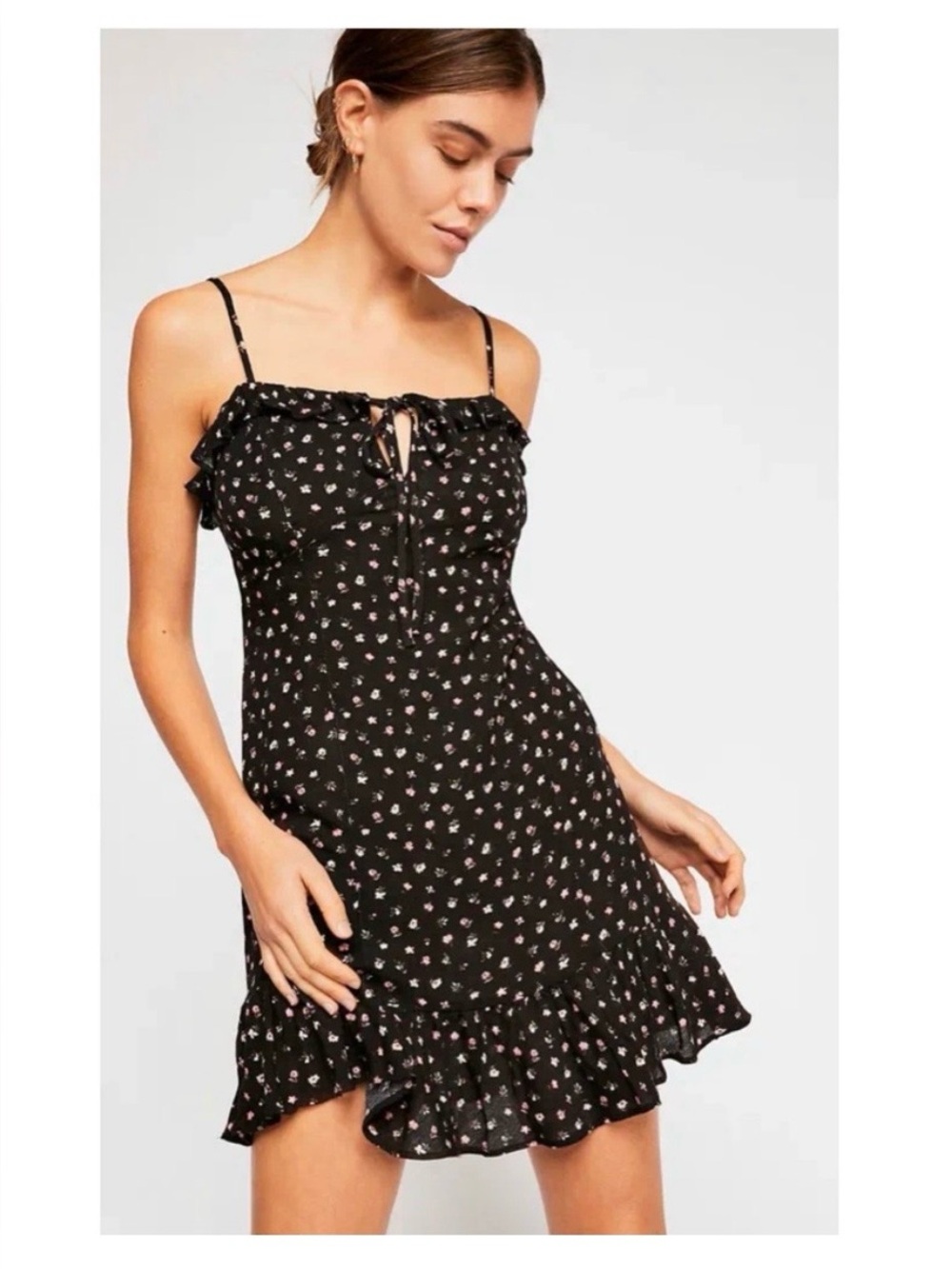 INTIMATELY FREE PEOPLE DARK FLORAL BABYDOLL MILKMAID RUFFLE MINI SLIP DRESS SzL